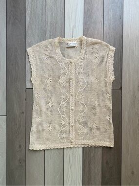 Hand Crocheted Vintage Button-Up Vest - Cream